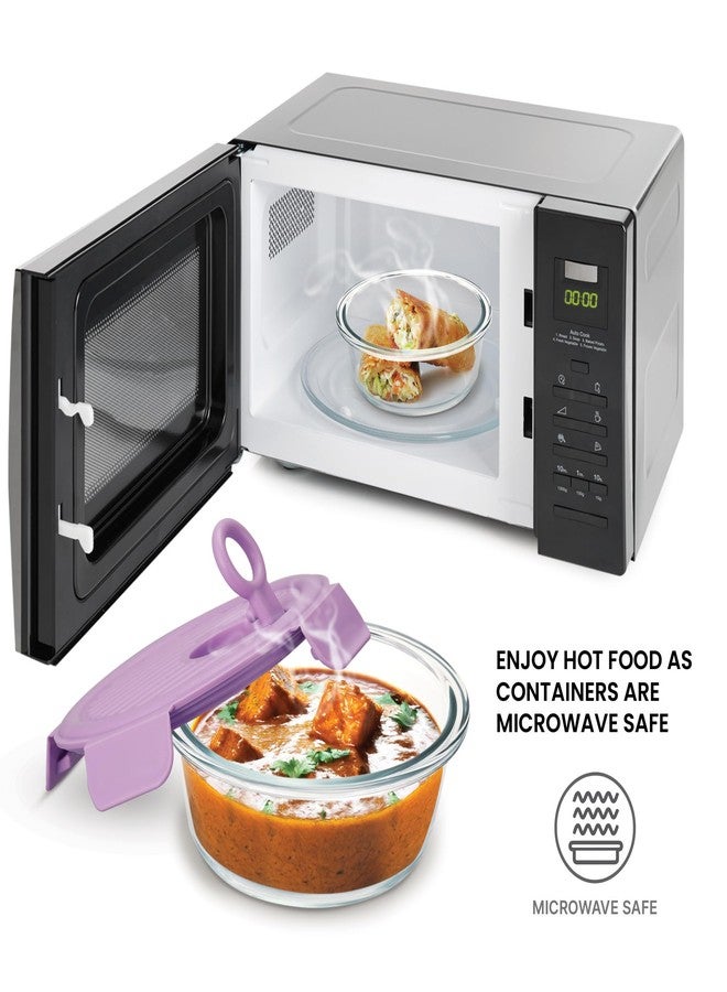 تريو حاويات زجاجية دائرية من البوروسيليكات من تريو باي ميلتون لومينو فريش، سعة 400 مل، للاستخدام في المطبخ | آمنة للاستخدام في الميكروويف | مانعة للتسرب مع غطاء مزود بفتحة تهوية | 400 مل، طقم من قطعة واحدة، لون بنفسجي - Image 2